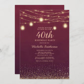 Burgundy Gold Glitter String Lights Formal 40th Kaart (Voorkant / Achterkant)
