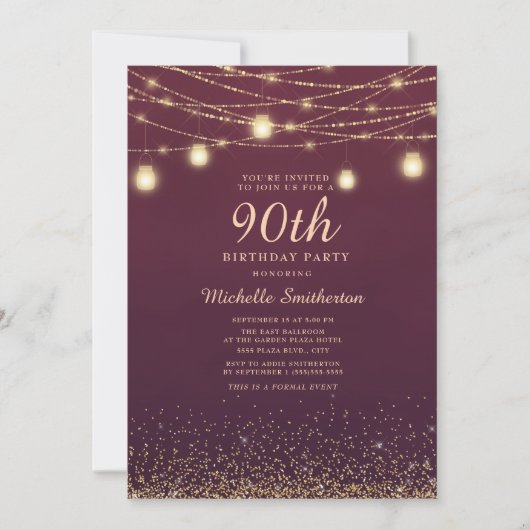 Burgundy Gold Glitter String Lights Formal 90th Kaart (Voorkant)