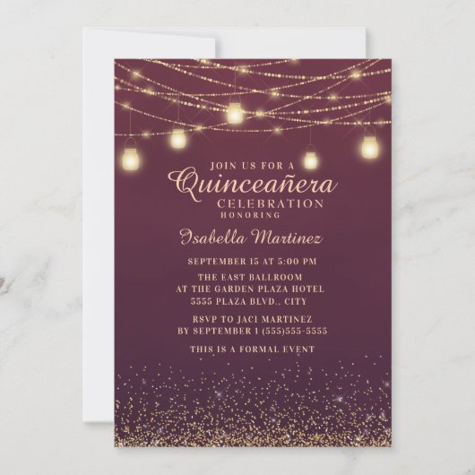Burgundy Gold Glitter String Lights Quinceañera Kaart