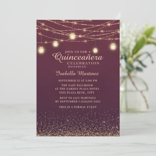 Burgundy Gold Glitter String Lights Quinceañera Kaart (Staand voorkant)