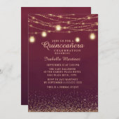 Burgundy Gold Glitter String Lights Quinceañera Kaart