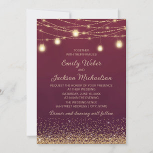 Burgundy Gold Glitter String Lights Wedding Kaart
