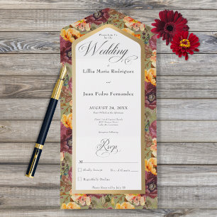 Burgundy & Gold Jewel Floral Green No Dinner All In One Uitnodiging