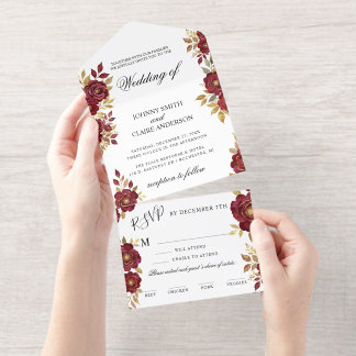 Burgundy Gold Minimalis Elegant Wedding Invitation All In One Uitnodiging