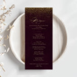Burgundy Gold Parties scintillant Calligraphy Menu<br><div class="desc">Cette carte de menu calligraphie de parties scintillant d'or bordeaux est parfaite pour un mariage rustique. Le design simple et élégant présente une typographie classique et sophistiquée en or avec parties scintillant dans un arrière - plan bordeaux. Ce menu peut être utilisé pour une réception de mariage, un dîner de...</div>