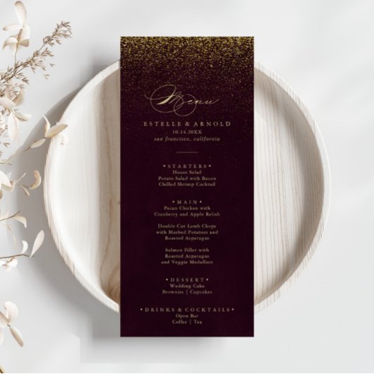 Burgundy Gold Parties scintillant Calligraphy Menu