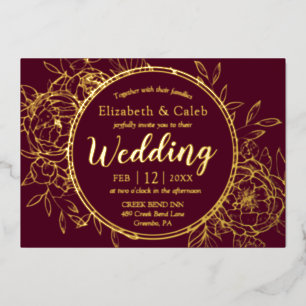 Burgundy & Gold Peony Modern Toile Wedding Folie Uitnodiging