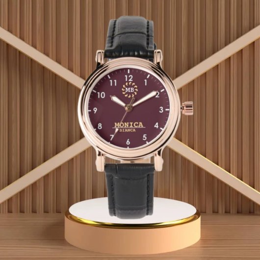 Burgundy Gold Personalized Custom Monogram Elegant Horloge