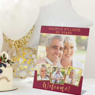 Burgundy gold photo collage birthday party welcome reclamebord met voetstuk