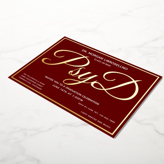 Burgundy Gold PsyD Afstuderen Folie Uitnodiging (Gedraaid)