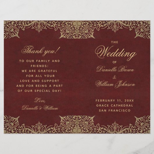 Burgundy Gold  Red Folded Wedding Program (Voorkant)