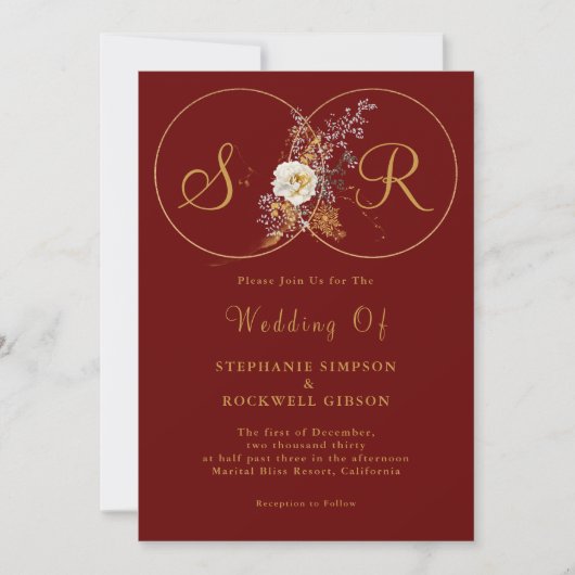 Burgundy Gold Script Monogram Weddenschap Kaart (Voorkant)