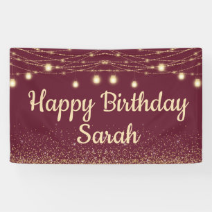 Burgundy Gold String Lights Glitter Happy Birthday Spandoek
