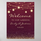 Burgundy Gold String Lights Weddenschap Welkom Poster (Voorkant)