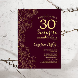 Burgundy Gold Surprise 30th Birthday Party Kaart