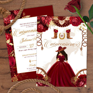 Burgundy Gold Western Charro 2-Sided Quinceanera Kaart