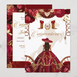 Burgundy Gold Western Charro 2-Sided Quinceañera Kaart