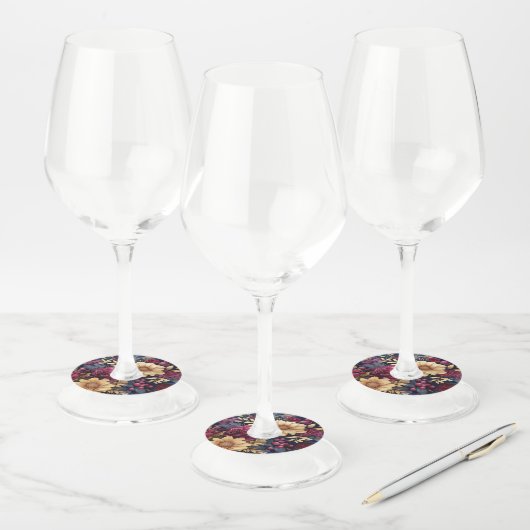 Burgundy, Goud en Navy Bloemen Wijnglaslabel (Set)