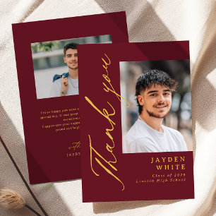 Burgundy Goud Moderne Calligrafie Foto Afstudeerca Bedankkaart
