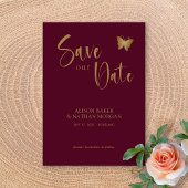 Burgundy & Goud Schrift: Glitter Vlinder Bruiloft Save The Date