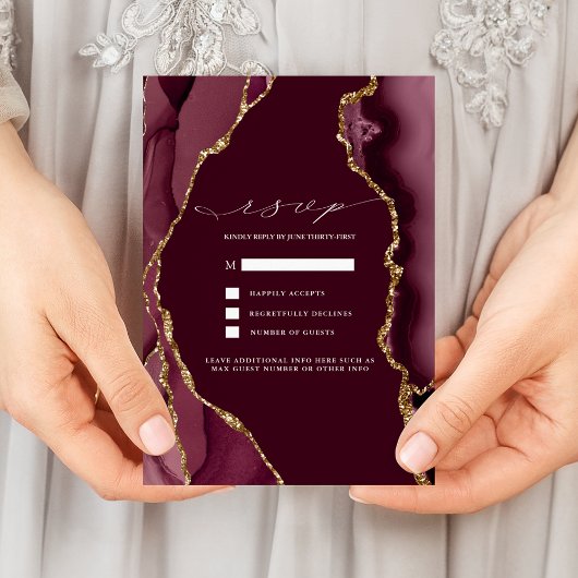 Burgundy & Gouden Agate Huwelijks RSVP Kaart
