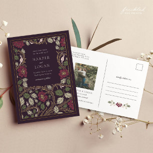 Burgundy Gouden Bloemen Save The Date Ansichtkaart Briefkaart