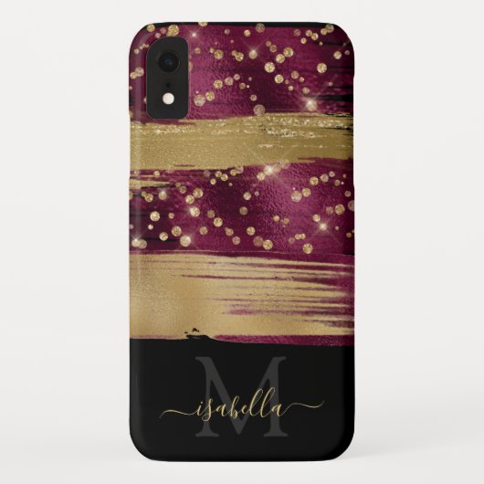 Burgundy Gouden Glitter Script Monogram Case-Mate iPhone Case (Achterkant)