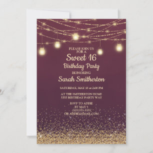 Burgundy Gouden Glitter Slingerlichten Sweet 16 Kaart