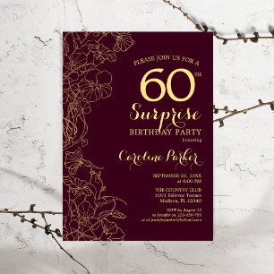 Burgundy Gouden Verjaardagsfeest Surprise 60 Kaart