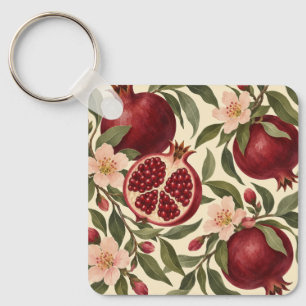 Burgundy Granaatappels en Blozende Botanische Bloe Sleutelhanger