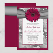 Burgundy Gray Daisy Floral Damask Wedding Kaart (Voorkant / Achterkant)