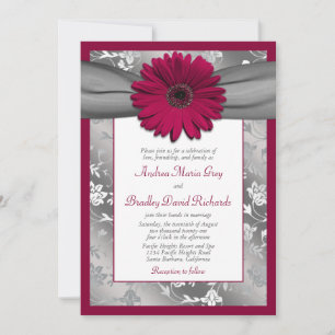 Burgundy Gray Daisy Floral Damask Wedding Kaart
