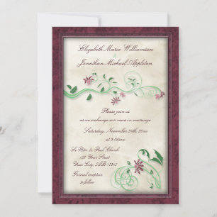 Burgundy & Green Floral Vine Wedding Invitations Kaart