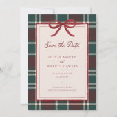 Burgundy Green Plaid Christmas Bow Wedding Save The Date (Voorkant)