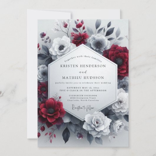 Burgundy Greyscale Bloom Wedding Kaart (Voorkant)
