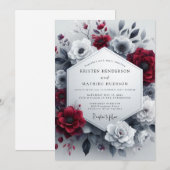 Burgundy Greyscale Bloom Wedding Kaart (Voorkant / Achterkant)