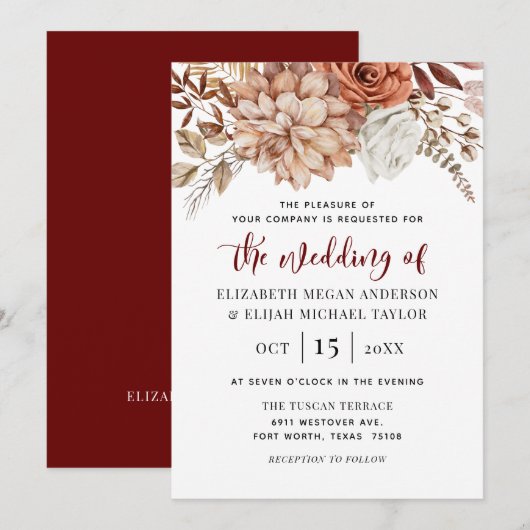 Burgundy Herfst Floral Wedding Kaart (Voorkant / Achterkant)