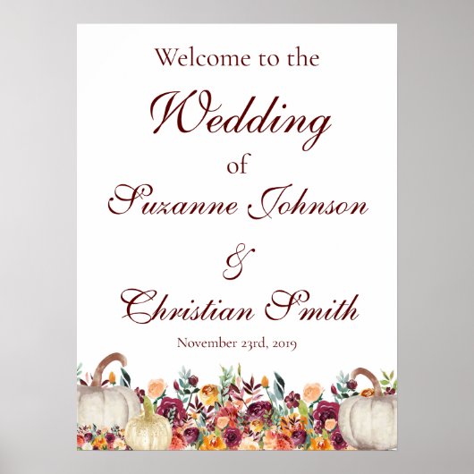 Burgundy Herfst Gold Pumpkin Weddenschap Welkomstt Poster (Voorkant)