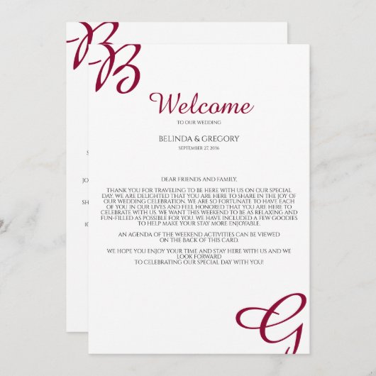 Burgundy Initialen Fall Weddenschap Welkomstreisro Programma (Voorkant / Achterkant)