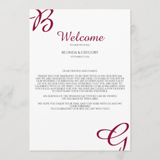 Burgundy Initialen Fall Weddenschap Welkomstreisro Programma (Voorkant)