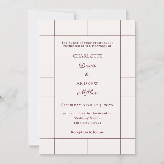 Burgundy ivory checked modern Wedding Kaart (Voorkant)