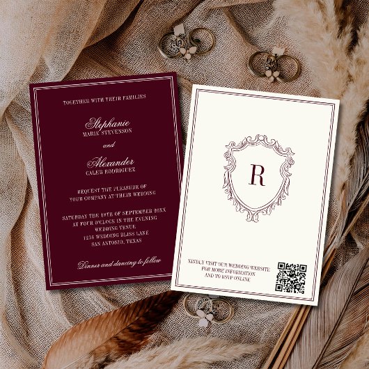 Burgundy & Ivory Crest Old Money QR Code Wedding Kaart