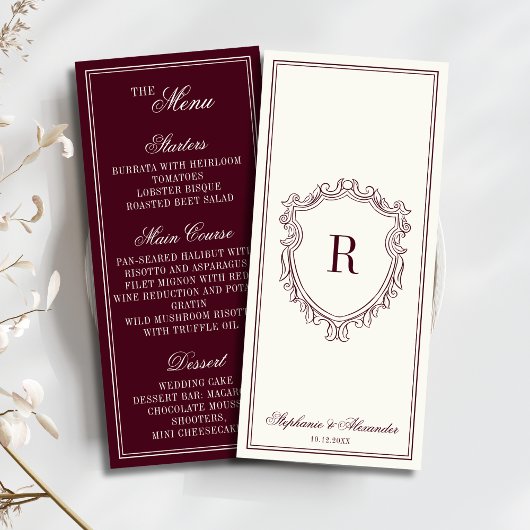 Burgundy Ivory Monogram Crest Old Money Wedding Menu