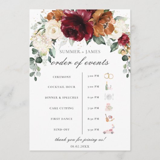 Burgundy Ivory Rust Floral Wedding Order of Event  Programma (Voorkant)