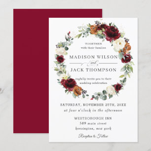 Burgundy Ivory Rust Sinaasappel Floral Wreath Wedd Kaart