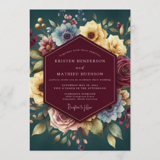 Burgundy Jewel Tone Bloom Wedding Kaart (Voorkant)
