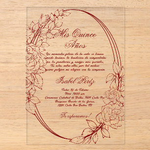 Burgundy kader Spaanse Quinceanera Acryl Uitnodigingen