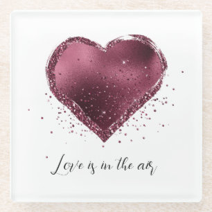 Burgundy Kersen Glitter Glans Hart Liefde Glazen Onderzetter