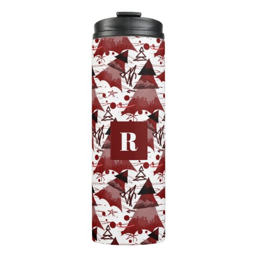 Burgundy-kerstboompatroonmonogrammen Thermosbeker (Voorkant)