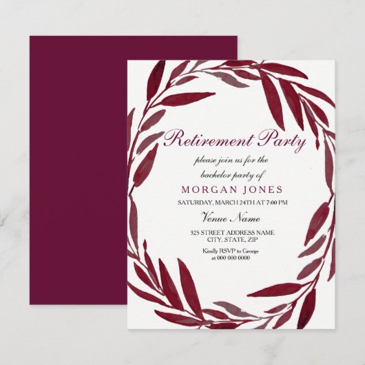 Burgundy Leaf Wreath Retirement Party Invite Kaart (Voorkant / Achterkant)